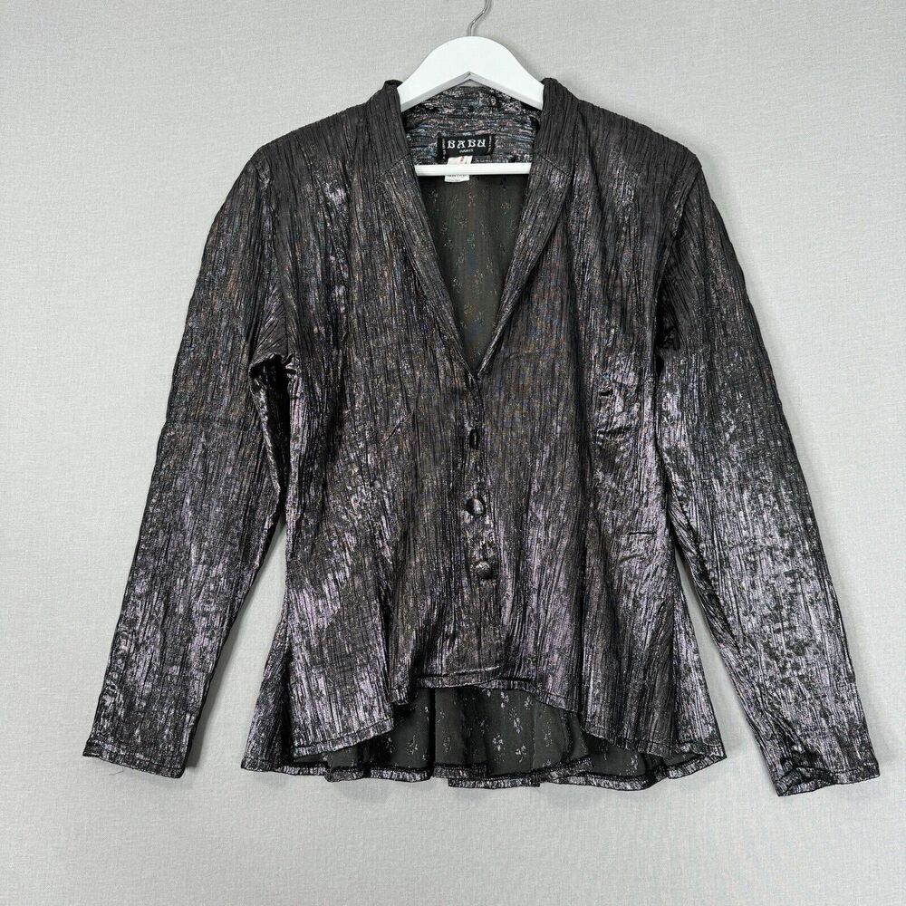 Vintage Babu Paris Womens Top 2 Gray Floral Metallic Crinkle Blouse Y2K Witchy
